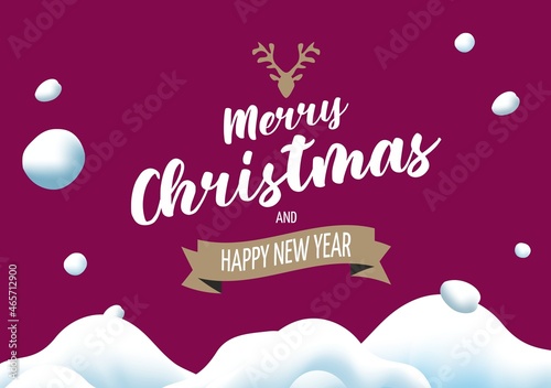 Merry christmas and happy new yearcard with snowballs and snow landscape. photo