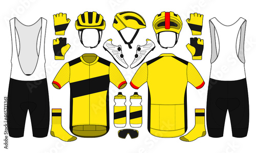 Cycling team kit jersey biking uniform and equipment shoes socks water bottle