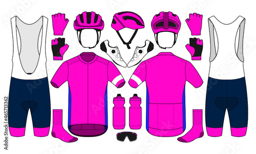 Cycling team kit jersey biking uniform and equipment shoes socks water bottle