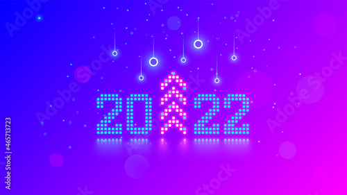 New Year digits 2022 and Christmas tree in tech style. 20 22 consist of neon dots or pixels on blue pink background. 2022 New Year card digital technological industry. Xmas computer holiday banner.