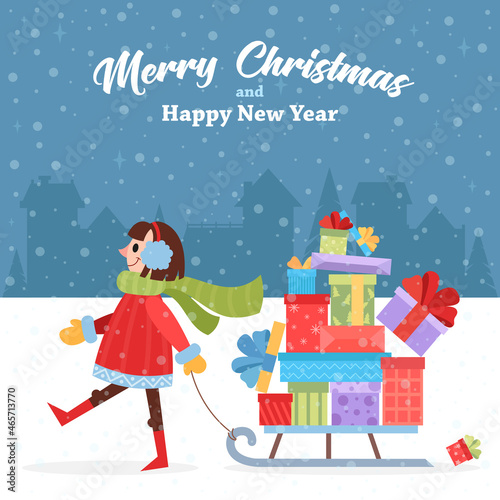 Girl with gifts. Christmas gifts and winter city. Postcard with place for text. 