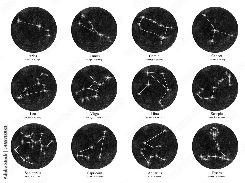 Set of watercolor zodiac icons on black dark background. Freehand drawing. Set of watercolor zodiac icons on black dark background. Freehand drawing.