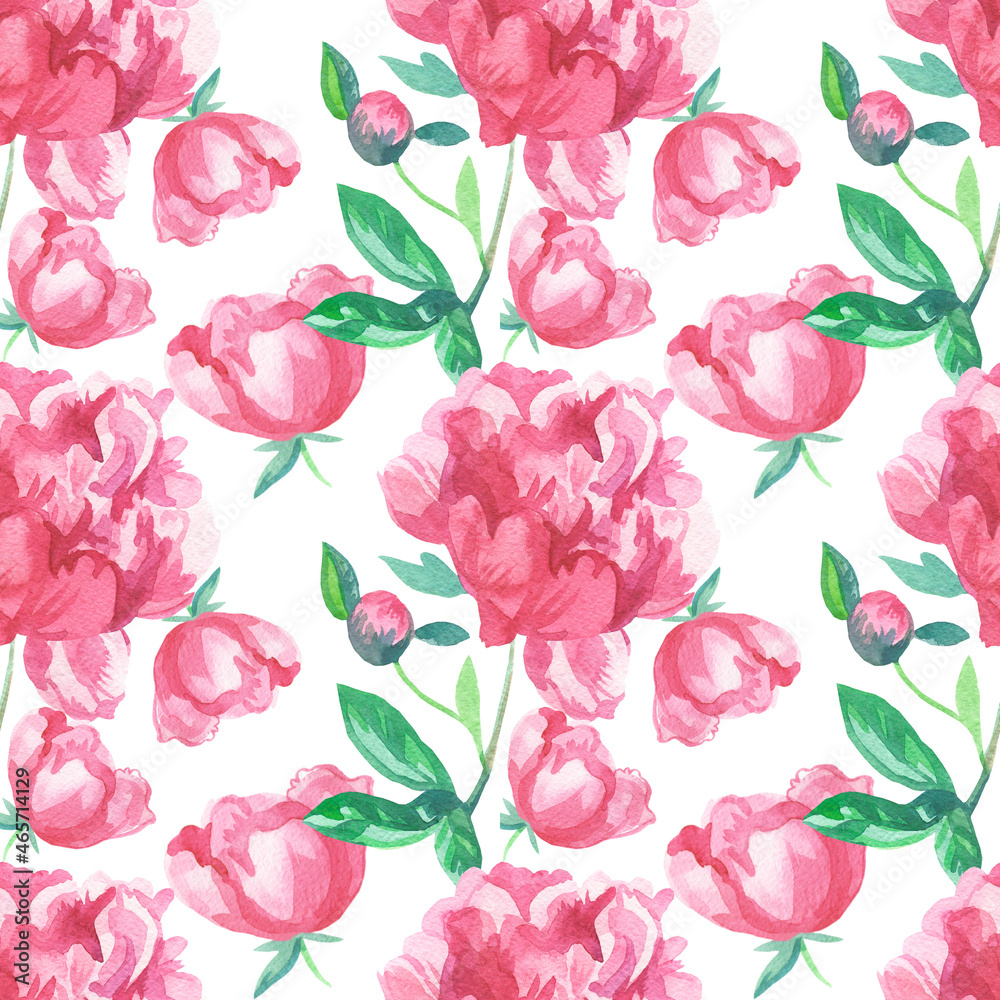 Watercolor seamless Pink Flowers Valentine's Day pattern on white hand painted background.Floral,textural,festive,lovers print in doodle style.Designs for textiles,fabric,wrapping paper,web,wallpaper.