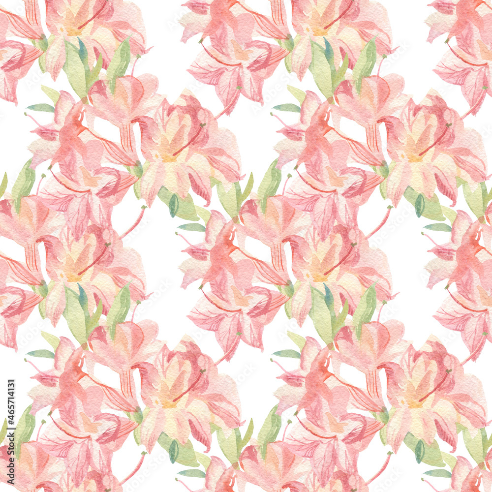 Watercolor seamless Pink Flowers Valentine's Day pattern on white hand painted background.Floral,textural,festive,lovers print in doodle style.Designs for textiles,fabric,wrapping paper,web,wallpaper.