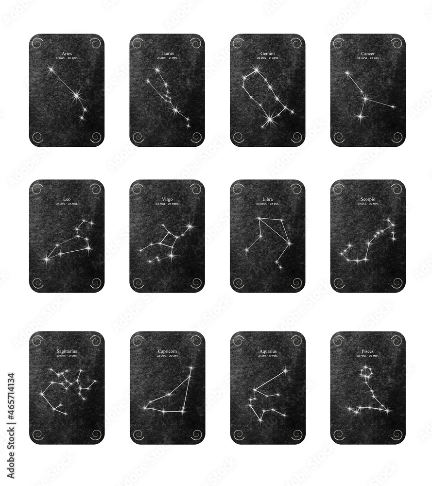 Set of watercolor zodiac icons on black dark background. Freehand drawing. Set of watercolor zodiac icons on black dark background. Freehand drawing.