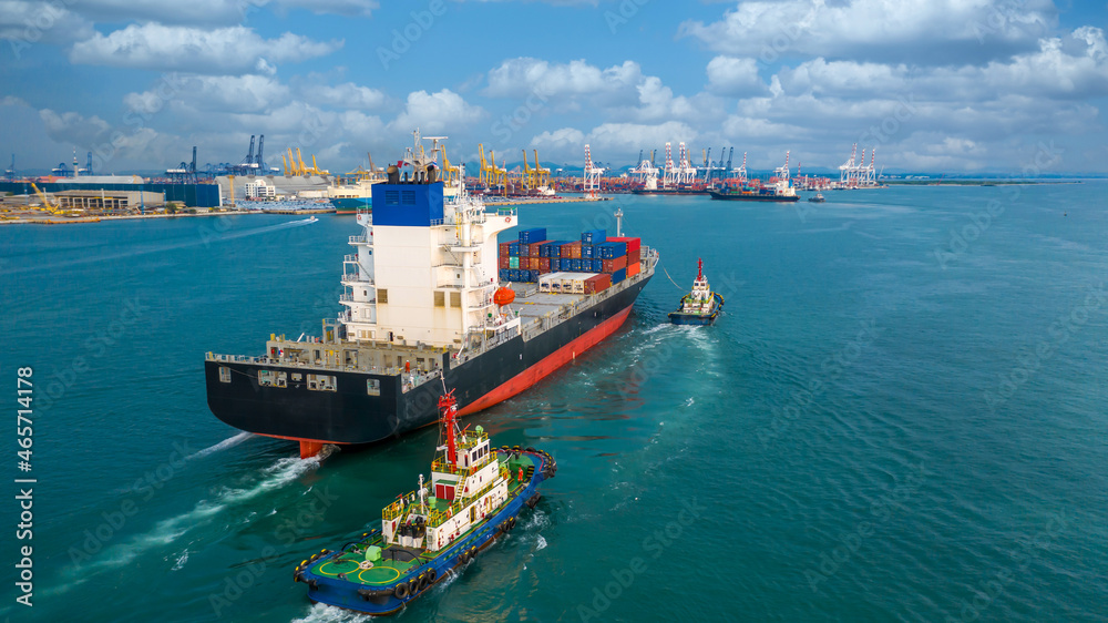 Container ship carrying container box in import export to commercial port, Global business cargo freight shipping commercial trade logistic and transportation oversea worldwide by container vessel.