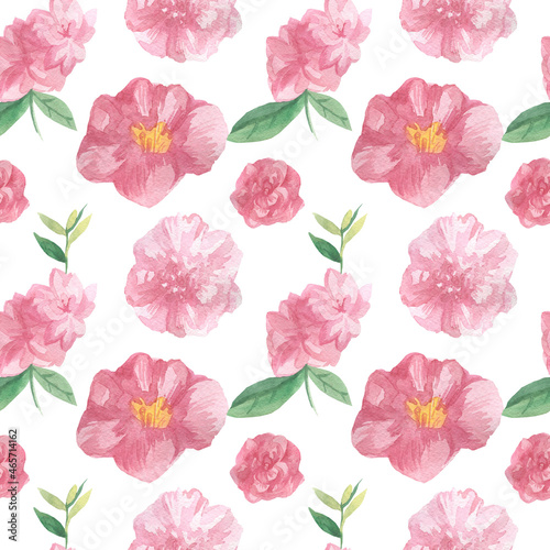 Watercolor seamless Pink Flowers Valentine s Day pattern on white hand painted background.Floral textural festive lovers print in doodle style.Designs for textiles fabric wrapping paper web wallpaper.