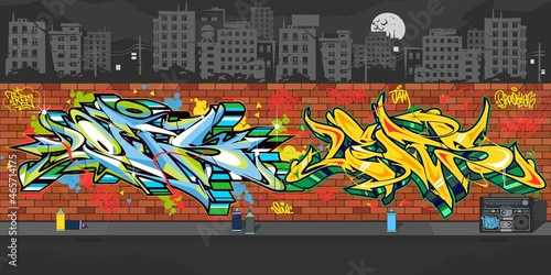 Outdoor Urban Graffiti Wall With Drawings At Night Against The Background Of The Cityscape Vector Illustration Art