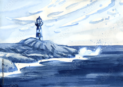 Indigo colored seascape painting with lighthouse, shore, and crashing waves. Hand drawn watercolor illustration.