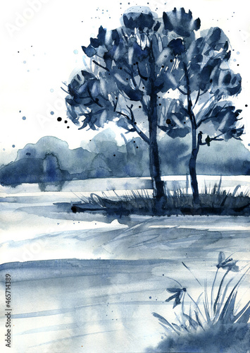 Indigo colored nautical painting with lake scenery and trees on the shore. Hand drawn watercolor illustration.