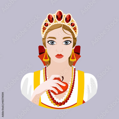 The avatar of a young girl in a Slavic costume and a kokoshnik on her head holds a red apple in her hand. Historical costumes. Flat illustration.