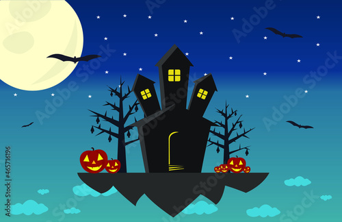 dracula haunted house floating above the clouds, with moon, stars, bats and halloween pumpkin