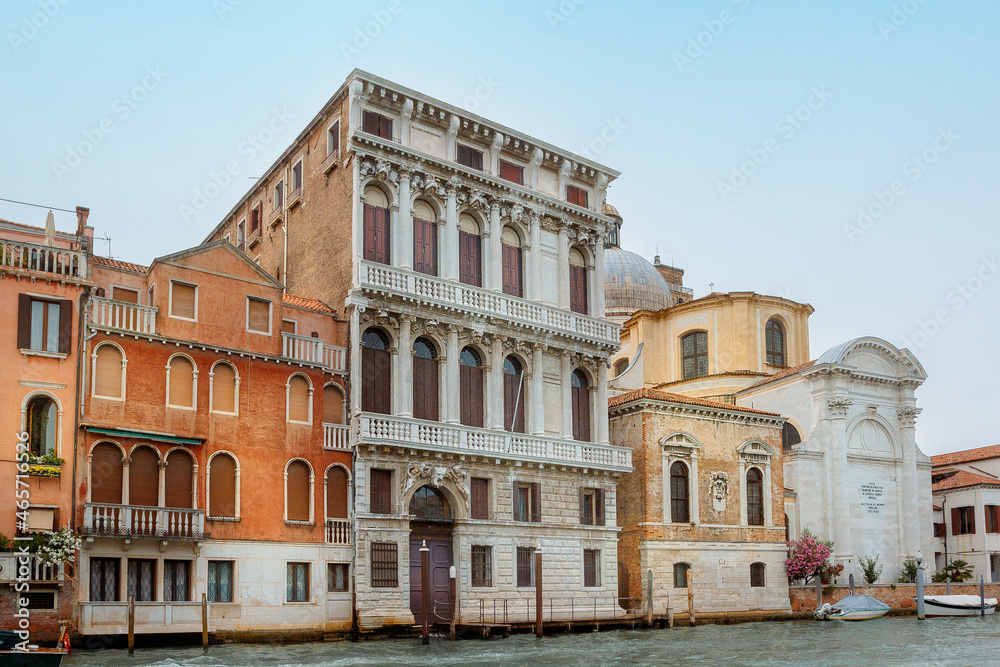 View of architecture of Venice from Grand Canal. Beautiful colorful houses on narrow water streets, Venice, Italy. High quality photo