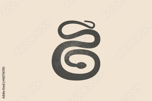 Silhouette vector illustration of a curved snake on a light isolated background. Vintage emblem. Stamp effect. Design element for shop, market, packaging, labels and logo. Vector illustration.