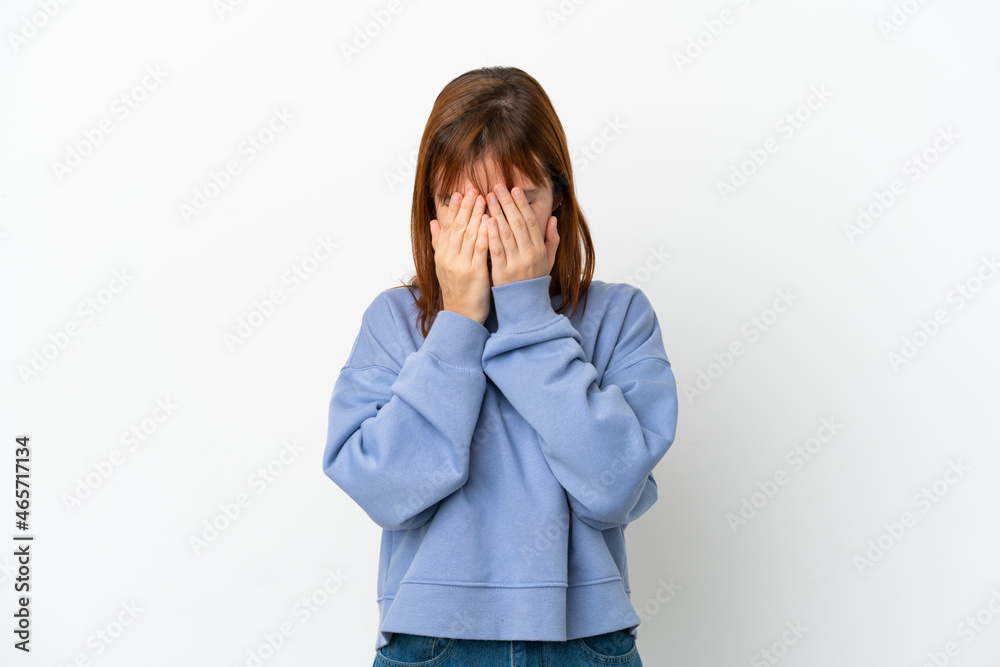 Redhead girl isolated on white background with tired and sick expression Redhead girl isolated on white background with tired and sick expression