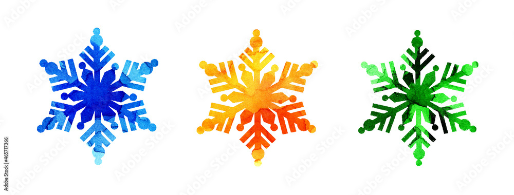 Set of watercolor painting snowflakes blue, yellow, green silhouette. Merry Christmas and Happy New Year. Winter illustration for design. Fabulous snowfall. Isolated over white background. Set of watercolor painting snowflakes blue, yellow, green silhouette. Merry Christmas and Happy New Year. Winter illustration for design. Fabulous snowfall. Isolated over white background.
