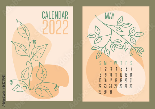 Wallpaper Mural  Vector vertical calendar 2022 with abstract sapes and plants in trendy contemporary collage style. Week starts on Sunday. Cover and page May in size A3, A4, A5. Design in pastel colors. EPS10 Torontodigital.ca