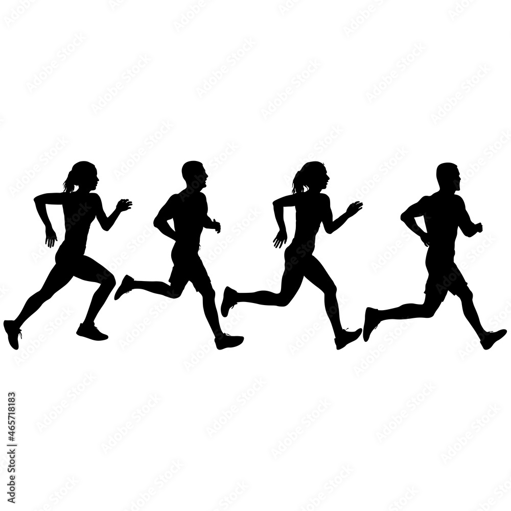Set of silhouettes. Runners on sprint men and women on white background Set of silhouettes. Runners on sprint men and women on white background
