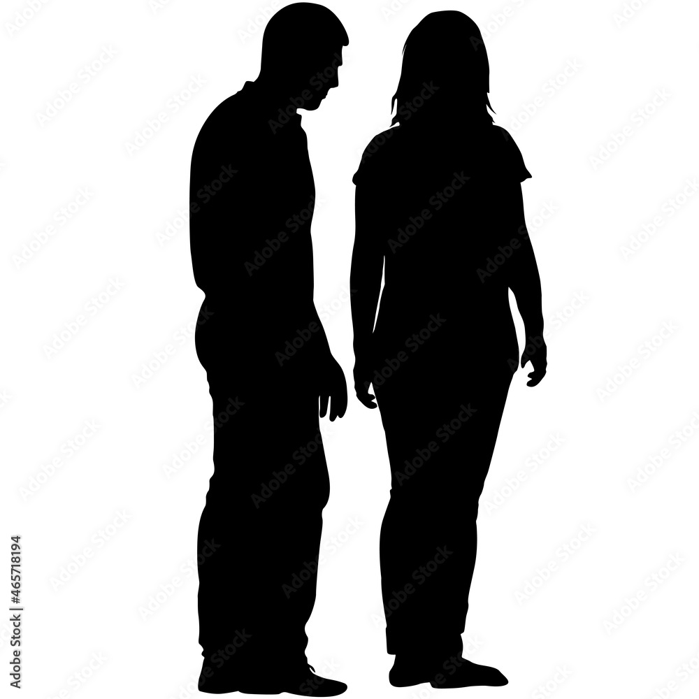 Silhouette man and woman stand side by side and talk