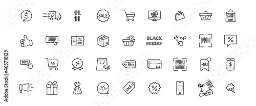 36 one line hand drawn icons for e-commerce, online shopping, Black Friday, 11.11 world shopping day. Vector illustration