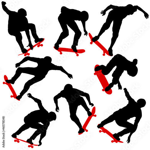 Set black silhouette of an athlete skateboarder in a jump