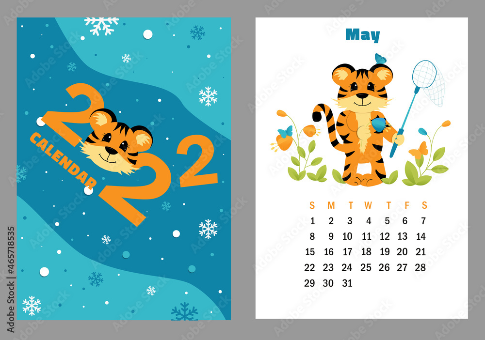 Fototapeta premium Vector vertical calendar 2022 with symbol of the year tiger. Cute funny character little tiger. Week starts on Sunday. A set of page May and cover in size A3, A4, A5. Colorful design. EPS10.