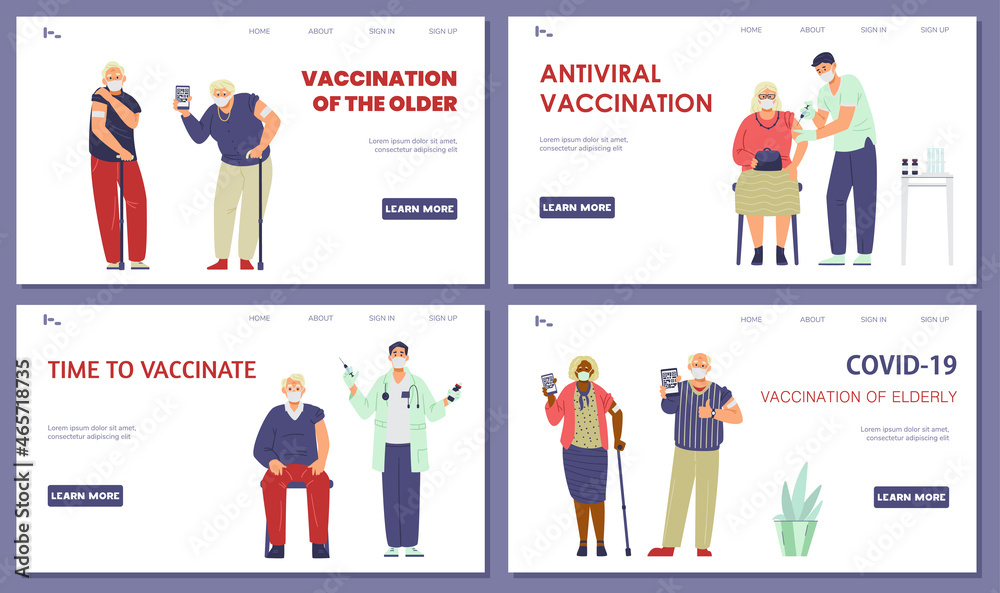 Elderly people vaccination against coronavirus vector set of landing page templates. Senior men and women in face masks getting shot or holding phones with health passports.