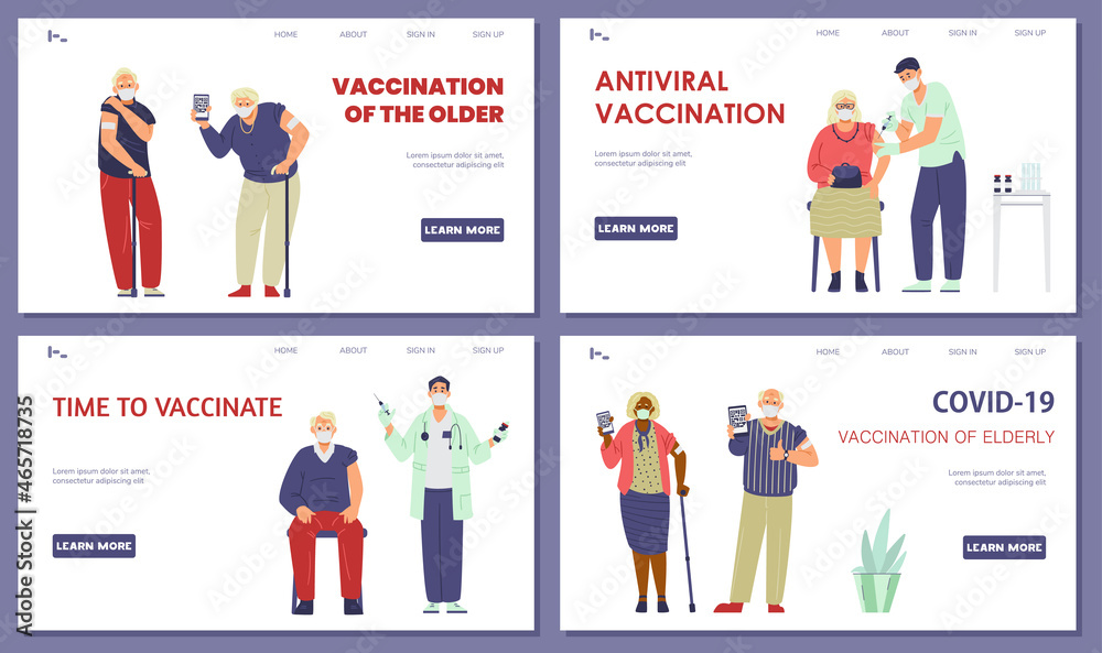 Elderly people vaccination against coronavirus vector set of landing page templates. Senior men and women in face masks getting shot or holding phones with health passports. Elderly people vaccination against coronavirus vector set of landing page templates. Senior men and women in face masks getting shot or holding phones with health passports.