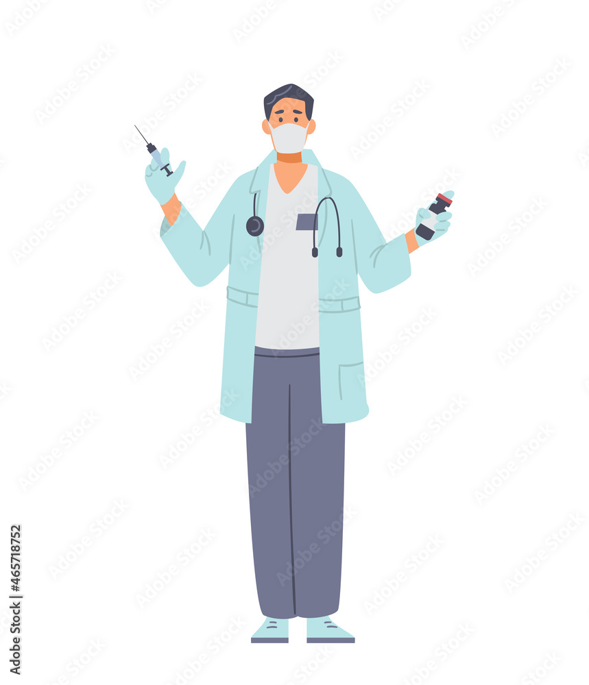 Doctor infectionist in face mask holding vaccine bottle and syringe. Isolated on white. Doctor infectionist in face mask holding vaccine bottle and syringe. Isolated on white.
