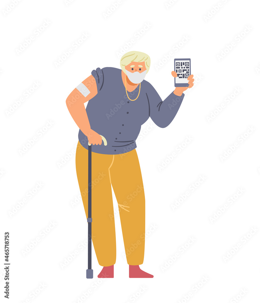 Senior woman vaccinated showing arm with patch and phone with vaccination certificate. Isolated on white. Senior woman vaccinated showing arm with patch and phone with vaccination certificate. Isolated on white.