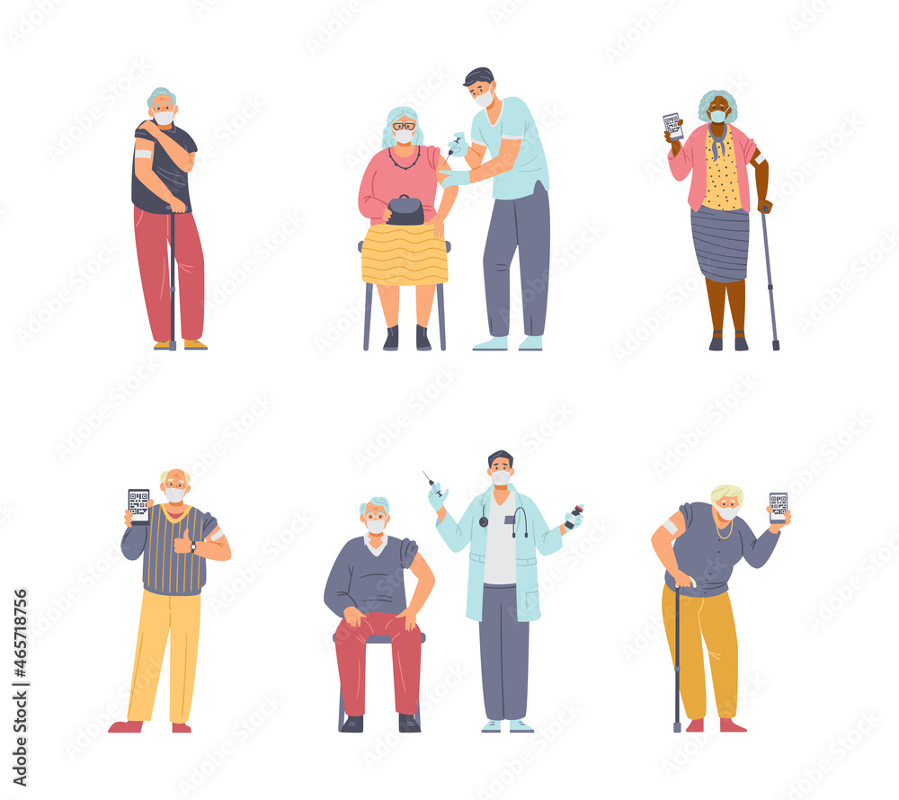 Elderly people vaccination flat vector set. Senior men and women in face masks getting shot or showing arms with patch, holding phones with health passport. Isolated on white.
