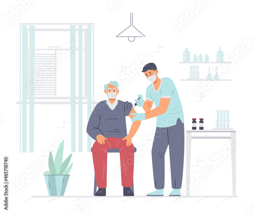 Senior man getting vaccination shot against coronavirus flat vector illustration. Medical cabinet with doctor and patient.