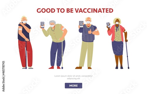 Elderly people vaccination flat vector  motivational banner. Senior men and women in face masks vaccinated holding phones with health passport showing arms with patch.