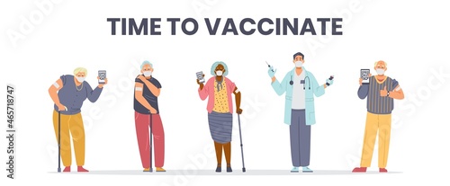 Elderly people vaccination flat vector horizontal banner. Senior men and women in face masks vaccinated holding phones with health passport. Doctor holding vaccine and syringe.