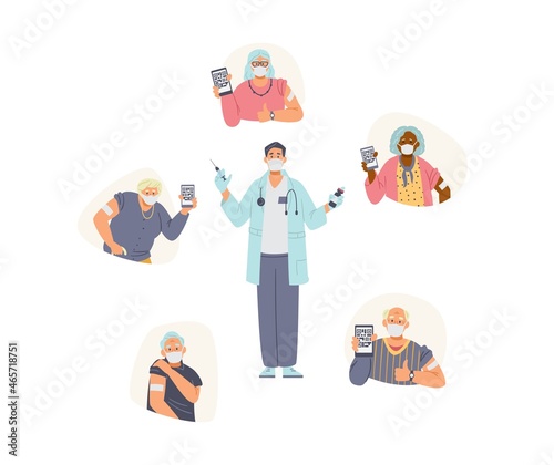 Elderly people vaccination flat vector illustration. Senior men and women in face masks vaccinated holding phones with health passport. Doctor holding vaccine and syringe.