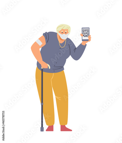 Senior woman vaccinated showing arm with patch and phone with vaccination certificate. Isolated on white.