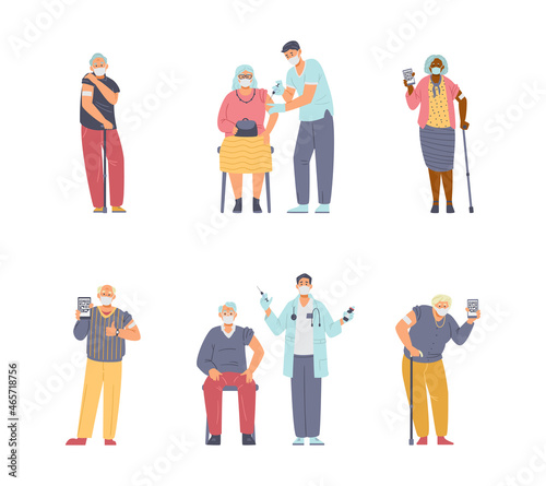 Elderly people vaccination flat vector set. Senior men and women in face masks getting shot or showing arms with patch, holding phones with health passport. Isolated on white.