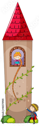 Simple cartoon style of Rapunzel princess in castle isolated on white background