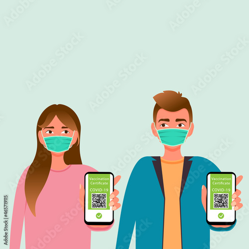 Vaccinated man and woman using digital health passports. Immunization certificate with qr code on device screen. Illustration, vector
