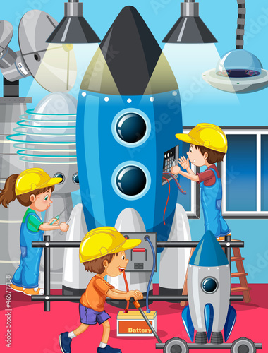 Scene with children repairing rocket together
