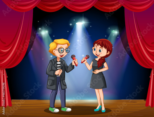 Couple singing with microphone on stage