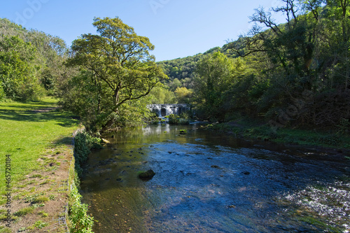 Εκτύπωση καμβά Standing on the banks of the River Wye in Monsal Dale, looking towards a weir on a bright late summer morning