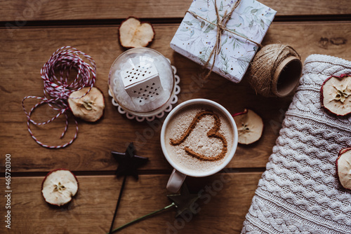 cup of coffee on old wooden table