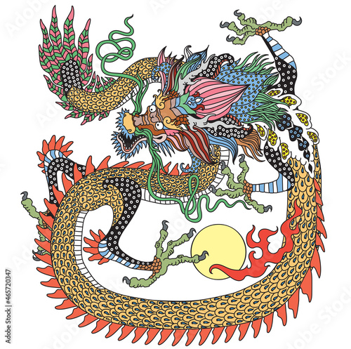 East Asia dragon. Traditional Chinese mythological creature. One of celestial feng shui animals. Graphic style vector illustration