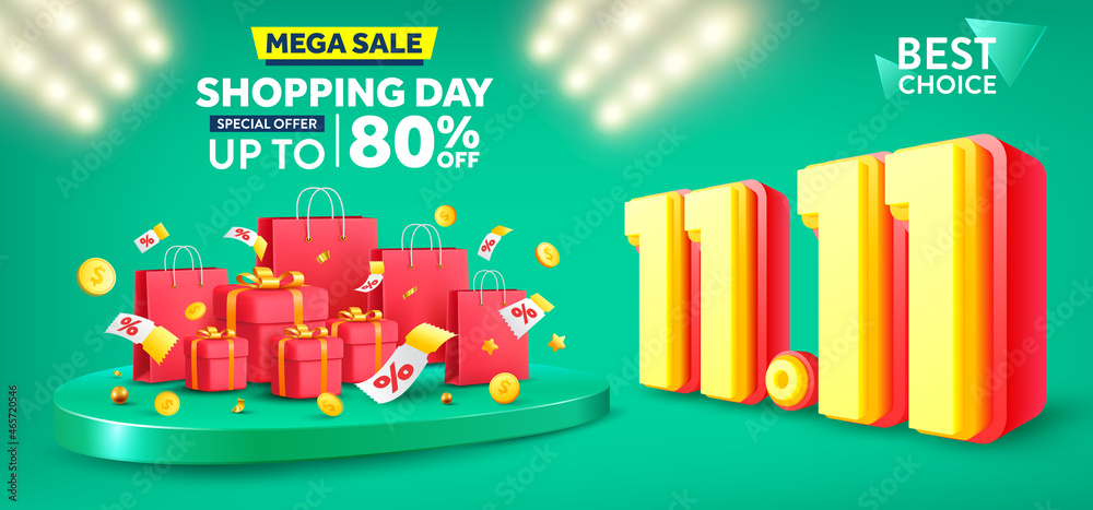 Vector of 11.11 Shopping day Poster or banner with gift box and shopping bag.11 november sales banner template design for social media and website. Vector illustration eps 10 Vector of 11.11 Shopping day Poster or banner with gift box and shopping bag.11 november sales banner template design for social media and website. Vector illustration eps 10