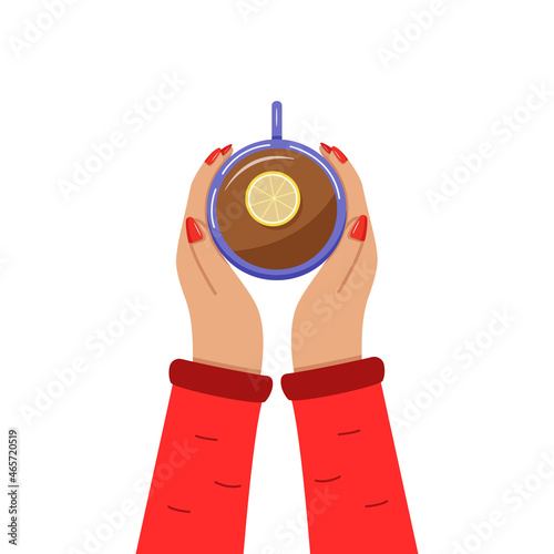 Women hands hold a cup of hot tea with lemon. Top view. Vector illustration
