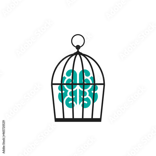 Locked golden bird cage with brain. Trap, imprisonment, jail concept.