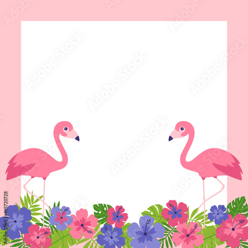 Tropical summer border vector with flamingo, hibiscus and leaf.
