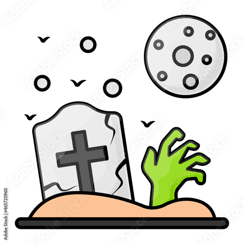 zombie hand in front of full moon with grave stone and bats Concept , Scary night Scene Vector Color Icon Design, Halloween costume Symbol, Holiday Celebrations Sign,  Christian feast  Stock illustrat