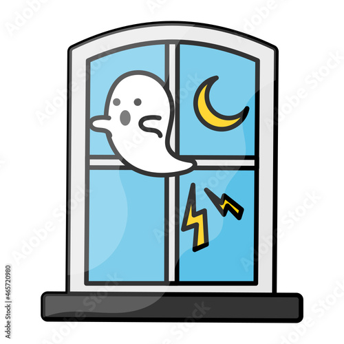 Ghost Looking through Glass Window Concept, Spooky Ruined Haunted House Vector Color Icon Design, Halloween costume Symbol, Holiday Celebrations Sign,  Christian feast  Stock illustration